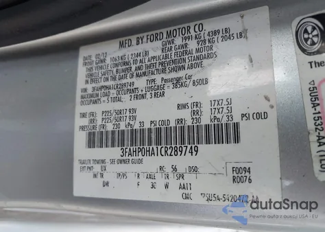 2012 Ford Fusion Se из США, поврежденный, VIN 3FAHP0HA1CR289749